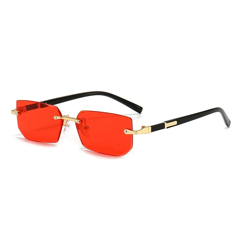 Red rimless sunglasses with gold accents and black temples, stylish unisex fashion eyewear
