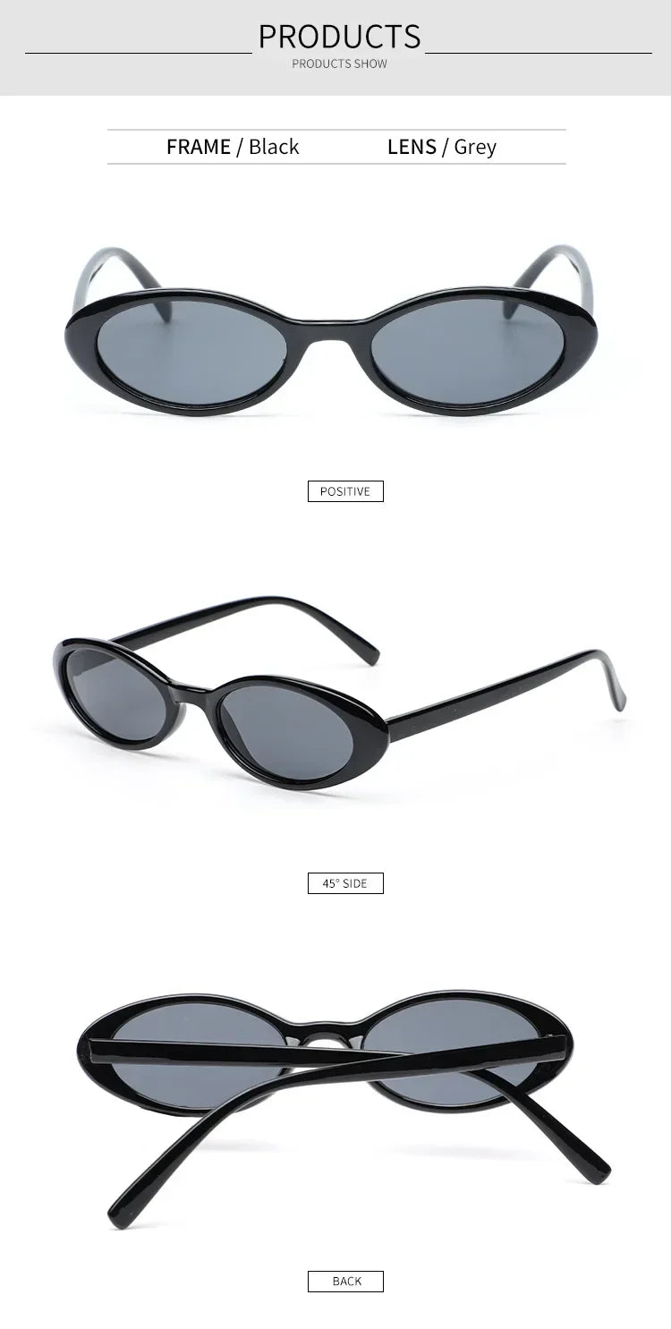 Black oval sunglasses with grey lenses, shown front, side, and back views for fashion styling